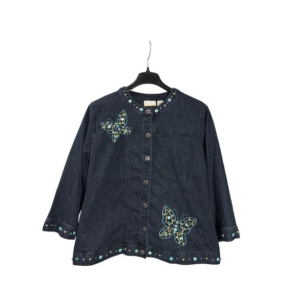 Alfred Dunner Women Denim Jacket Beaded Embroidered Butterflies Button Front 20W - Picture 1 of 5